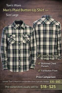 Tom's Ware Plaid Green Navy Gray White Button-Up Shirt Long Sleeve Men's Large